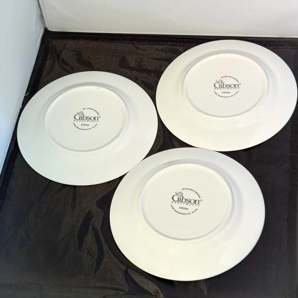 Gibson China Rose Floral Soup Bowls 4 & Dessert Plates 3 Black White Striped